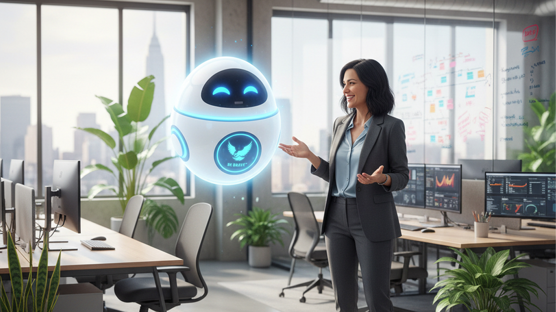Geschäftsfrau interagiert mit einem schwebenden KI-Chatbot in einem modernen Büro.