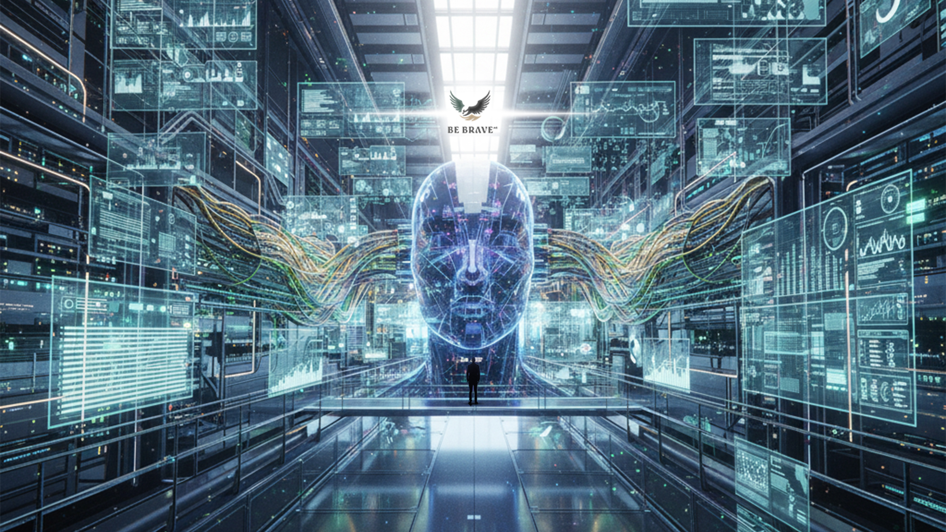 Digitaler, abstrakter KI-Kopf in einem futuristischen Serverraum mit vernetzten Datenstrukturen.