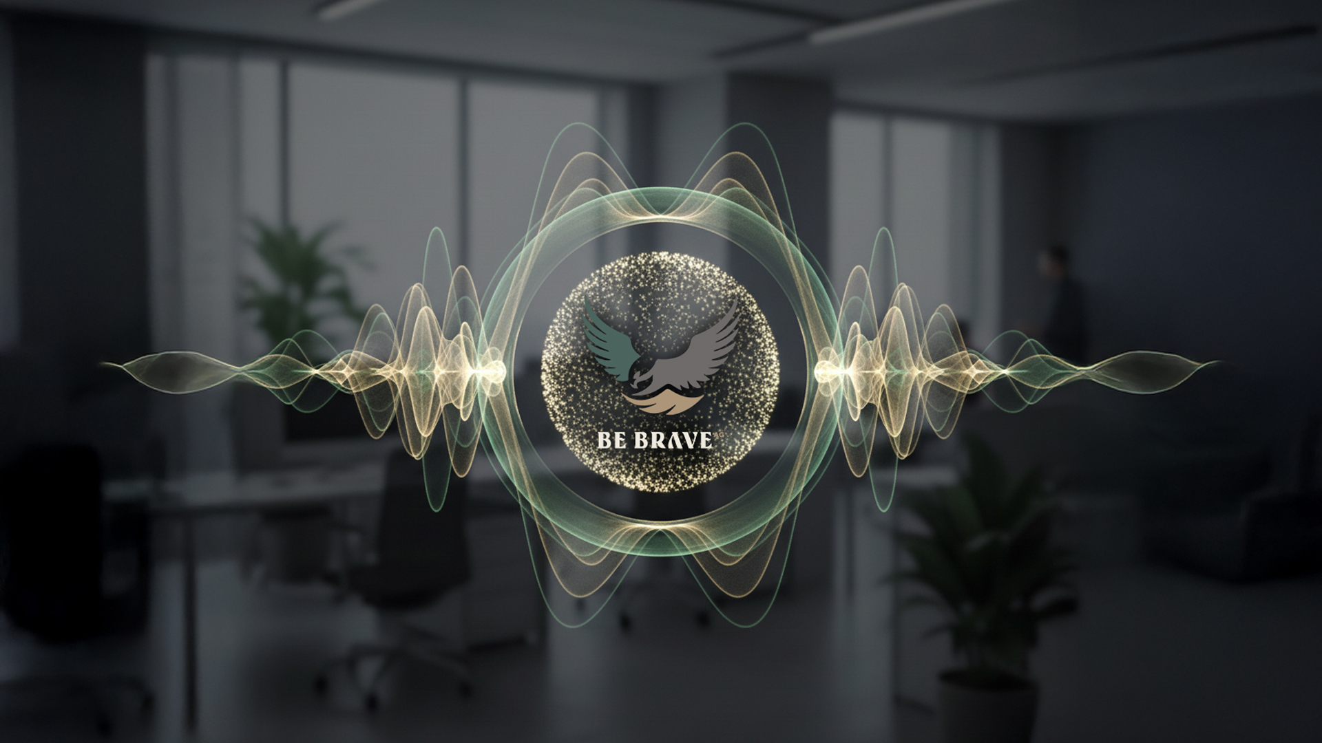 Visualisierung eines KI-Sprachassistenten mit Schallwellen und BE BRAVE Logo im Bürohintergrund.